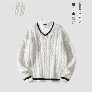 Menswear Classic Long Shirt Collar Cable-Knit Pullover, 2026 Springfresh Autumn Winter Men's Polyester Soft Skin-Friendly Tops