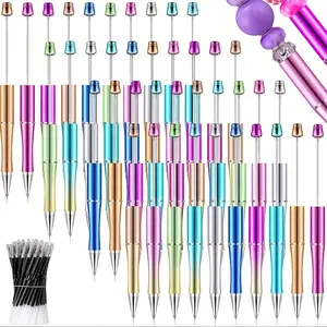 10 Set Multicolor UV Beadable Pen with 50 Pen Refills 10 Pen Bags Retractable Diamond Bead Pen Plastic DIY Bling Pens Cool Shaft Beaded Pen Black Ink for DIY Making Party Office