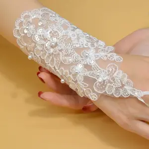New Fashion Lace Fingerless Wedding Gloves for Women, Beaded Rhinestone Bridal Accessories, Short Style Open Toe Design