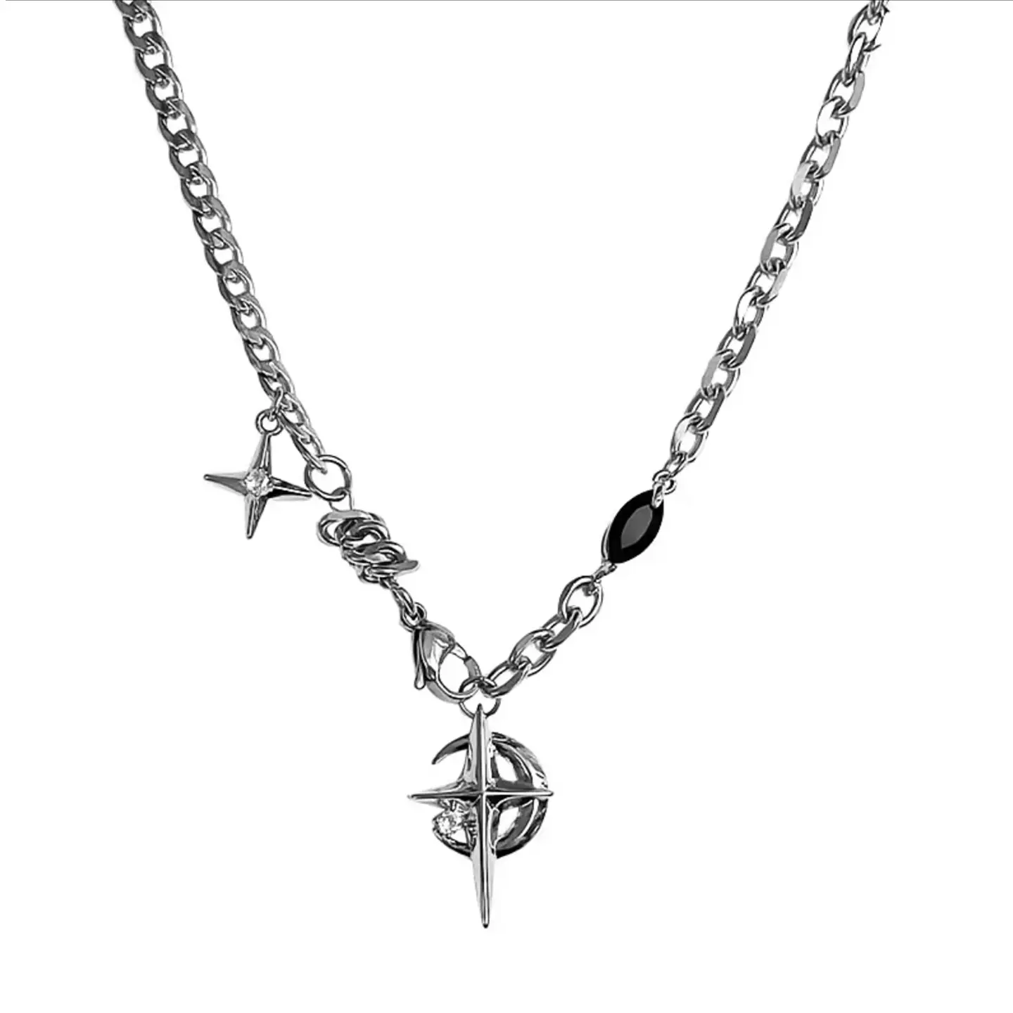 Men's Non-Tarnishing Trendy Stainless Steel Black Star Pendant Long Link Chain Collarbone Necklace - Alloy, Cross Burst, Everyday Street Style Jewelry, Gift Box Included, Boyfriend Birthday Gift