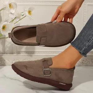 Women's Trendy Suede Buckle Mules Round Toe Casual Slip-On Flats for Fashion Outfits