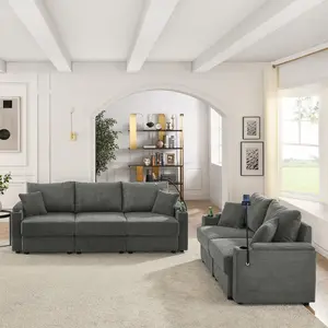 Modern 2 Set  Sofa and loveseat with Storage, Deep Seat Sofa with Cup Holders & Phone Holder , Grey Corduroy Couch for Living Room,Grey