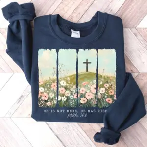 He is not here. He is Risen, Wildflower, Spring Easter, bunny, faith,Boho, Easter Christian Jesus Crew neck sweatshirt
