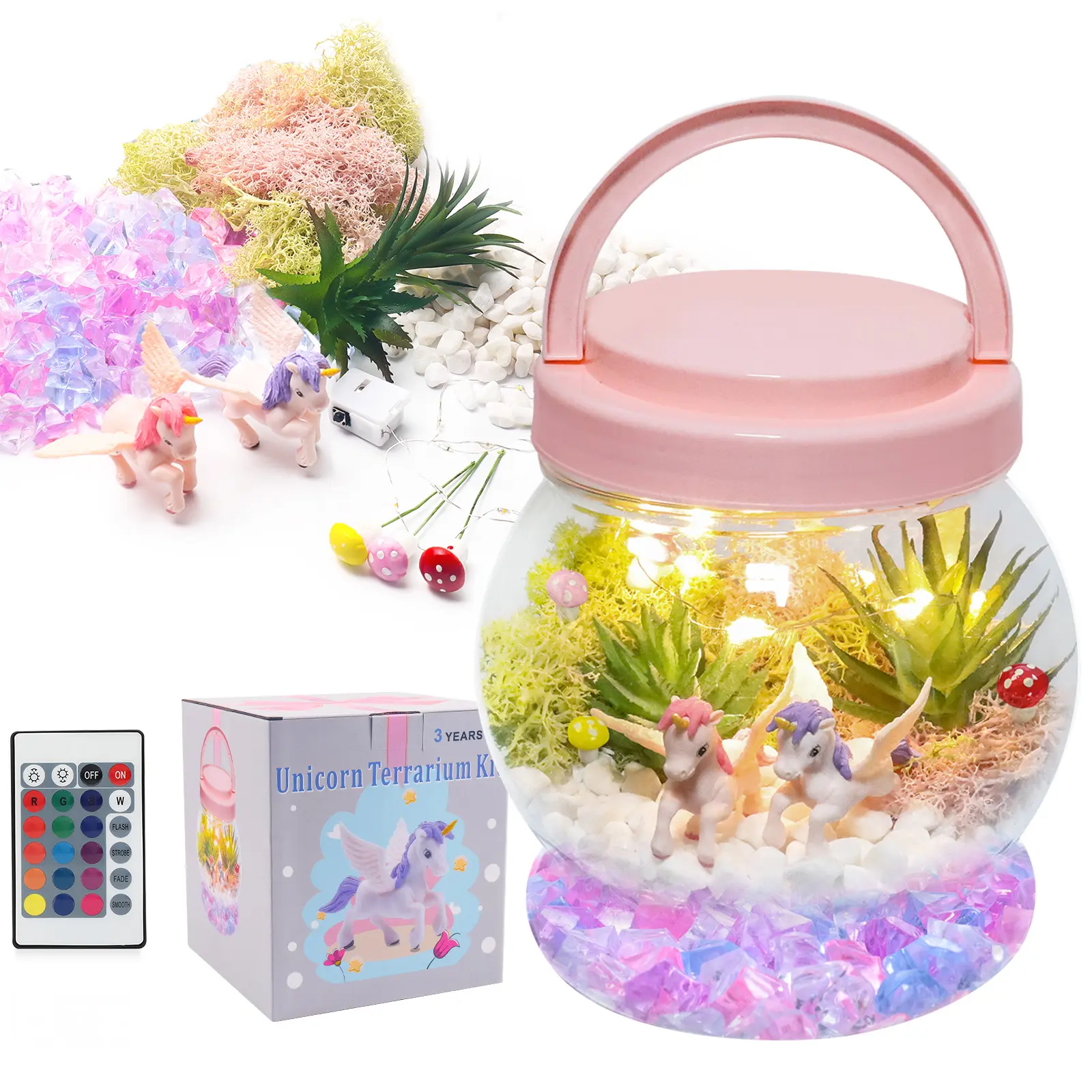DIY Light-Up Unicorn Terrarium Kit for Kids, RGBW Color Changing Night Light with Remote Control Arts Crafts Unicorns Activities Kits Jar Presents for Age 4 5 6 7 8 9 10 Years Old Birthday Gifts Toys