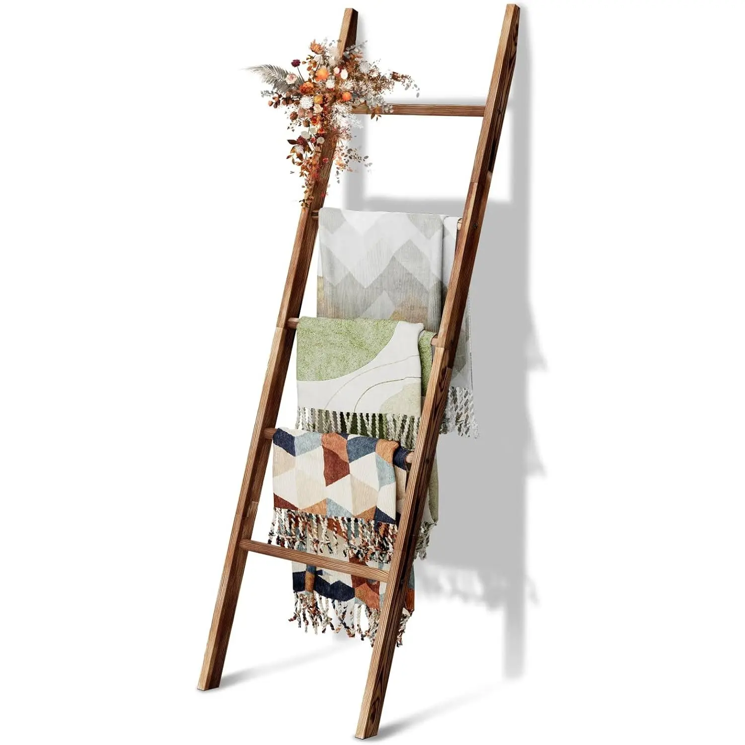 5-Tier Blanket Ladder Wooden, 5.3FT(63'') Blanket Quilt Holder Rack Decorative Ladders, Easy Assembly, Rustic Farmhouse Ladder Shelf for The Living Room Bedroom Bathroom  Decor, Brown