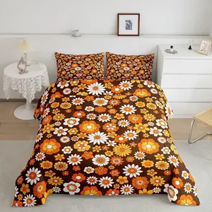 Groovy Boho Floral Power Bedding Set,Teen Girls Women 60S 70S Retro Hippie Floral Down Comforter,Vintage Colorful Groovy Flowers Power Duvet