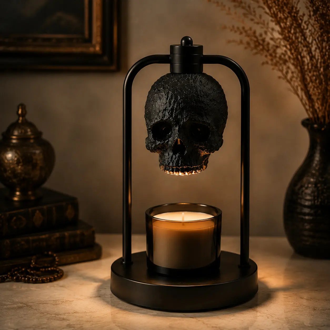 Dark Gothic Skull Wax Melting Lamp, 3-Level Dimmable Warmer with Timer, Matte Black Metal Frame, Vintage Skull Shade, Adjustable Height, Aromatherapy Decor for Bedroom Study Office, Candle Sold Separately