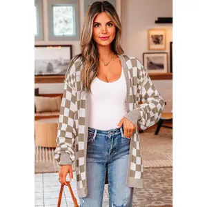 Brown Checkered Open Front Drop Shoulder Cardigan