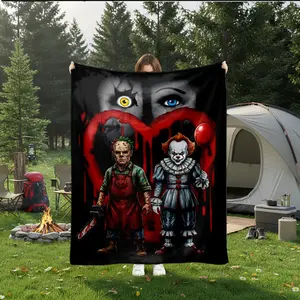 1pc Leatherface Pennywise Horror Movie Characters Design Flannel Cozy Throw Blanket for Sofa, Bed, Travel, Camping, Office, Movie Night, Super Soft Warm Lightweight Throw for Adults, Halloween Birthday Gift, Giftable Blankets