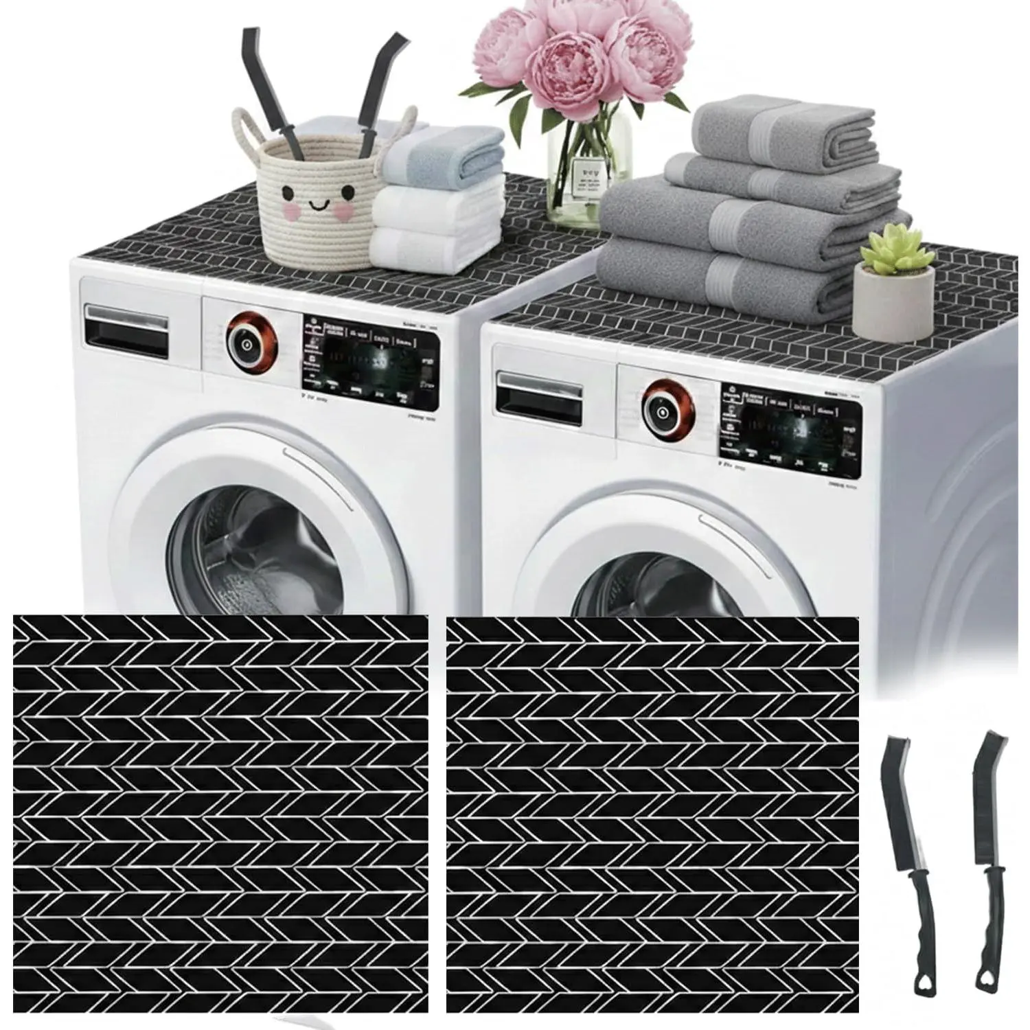 2 count Washer and Dryer Cover with 2 count Brushes - Durable Top Mat, Thickened Dust Proof & Easy to Clean, Non-Slip Protective  Diatom Rubber Mat, Quick Dryer Cover for  Kitchen Laundry Room