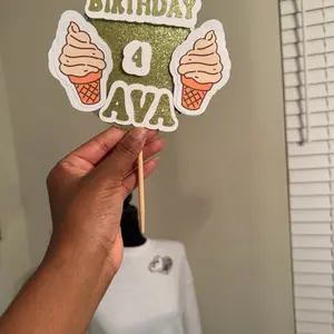 Custom Cardstock Cake Topper for Birthday Party Decoration with Ice Cream Design and Personalized Text