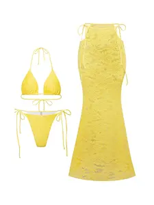 3 Piece Set Bright Lace Tie Bikini with Long Cover-Up, Sexy Vacation Style with Hollow Sunscreen and Adjustable Design for Pool Beach Party Tie Back Bikinis Swimsuit Set