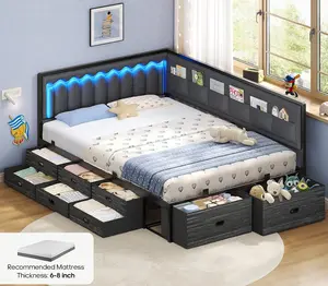 Sikiac Corner Bed Frame with Smart RGB Wave Lights, 8 Storage Drawers & Upholstered Guardrail, Space-Saving Daybed with Storage Pockets for Kids & Teens, Grey