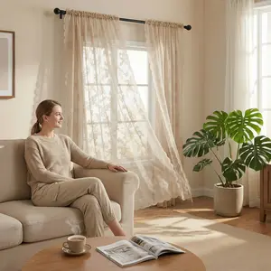 Lace Trim Warp Knitted Mesh Sheer Rod Pocket Curtains, 4-Piece 34x84 in Home Textile Window Drapes, Elegant Home Decoration for Kitchen L822 Windowshades