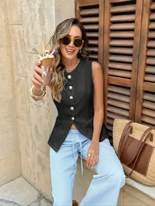 Edgy Spicy Girl Sporty Black-Tone Waist-Cinched Sleeveless Vest Minimalist Luxury Sporty Black Waist-Cinched Sleeveless Stylish Vest Trendy Effortless Sporty Black Waist-Cinched Sleeveless Office Athleisure Vest