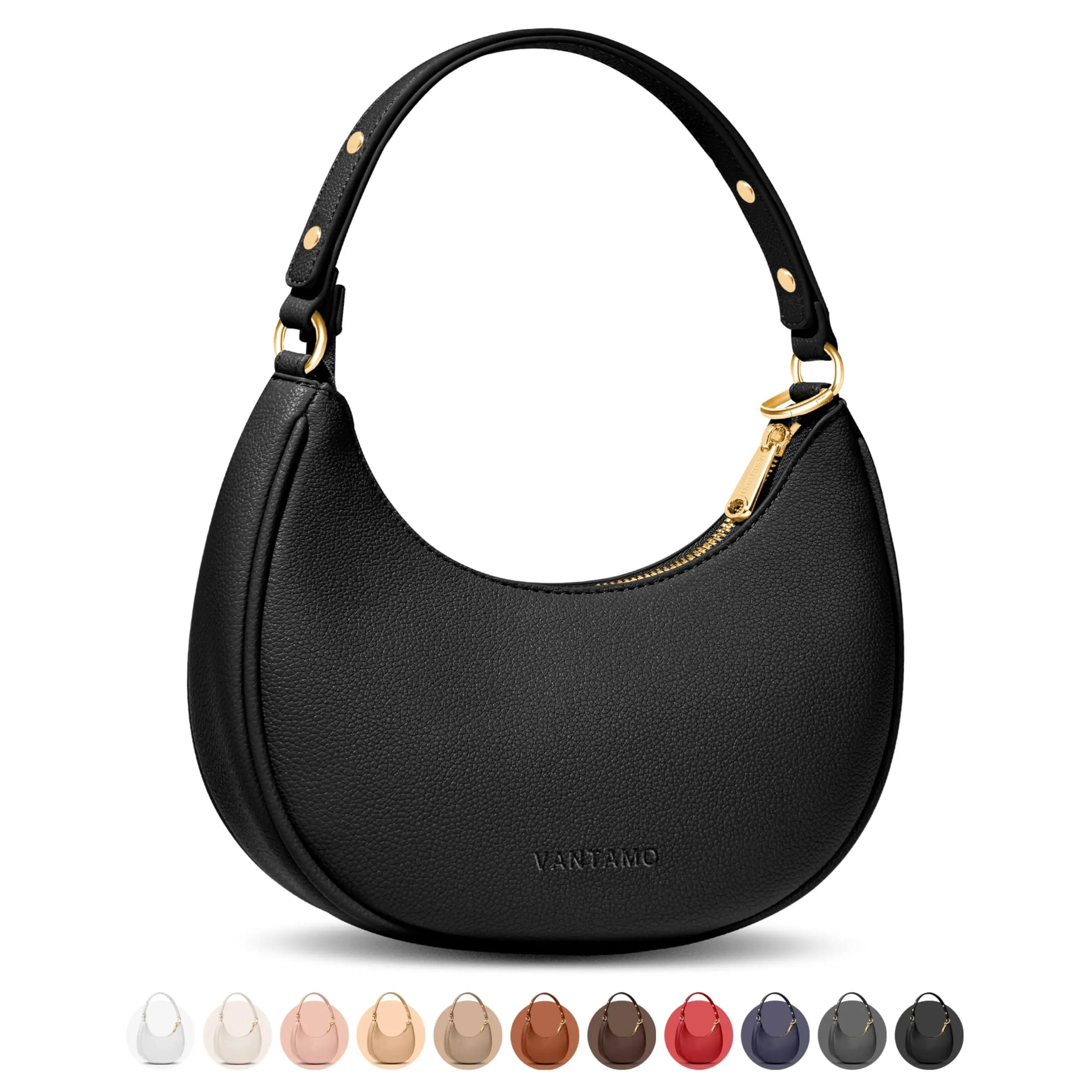 Vantamo Crescent Bags For Women with RFID Protection, Half Moon Clutch Purses for Women with Anti-Theft Clip for Extra Safety, Premium Smooth PU Leather Handbags for Work & Going Out, Black Purse