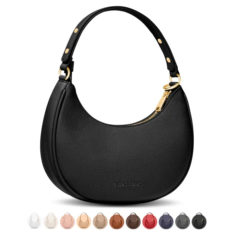 Vantamo Crescent Bags For Women with RFID Protection, Half Moon Clutch Purses for Women with Anti-Theft Clip for Extra Safety, Premium Smooth PU Leather Handbags for Work & Going Out, Black Purse