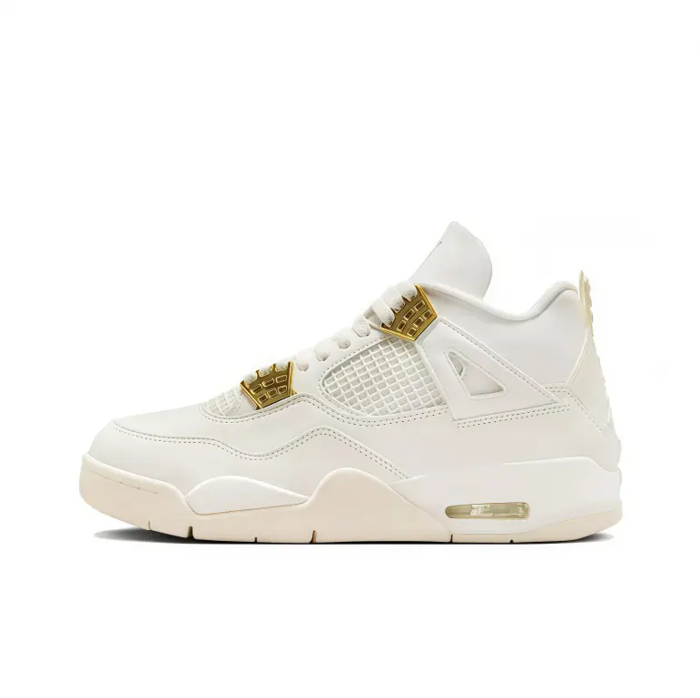 Mid top basketball sneakers cream off‑white smooth upper gold metal hardware accents cream mesh cage panel cream midsole visible air cushion premium retro street collectible unisex fashion sport casual footwear