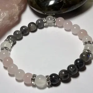Labradorite, Rose Quartz, and Selenite with Rhinestone accents Crystal Healing Bracelet. 8mm