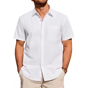 Mens Short Sleeve Cotton Linen Texture Shirt Casual Untucked Button Down Lightweight Shirts Summer Beach