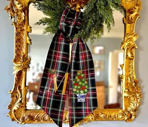Monogrammed Black Tartan Plaid Christmas Wreath Sash, Christmas Tree Swag