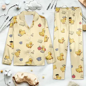 Teacher Duck Pajamas – Cute School Theme Duck PJs with Books & Graduation Caps, Kawaii Study Sleepwear Gift Set