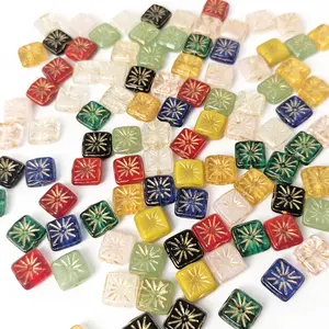 30 PCS Mixed Vintage Gold Edged Square Glass Beads, European Sunflower Pattern Transparent Mixed Color Straight Hole Loose Beads For DIY Bracelet Necklace Making & Autumn Christmas Handmade Decoration