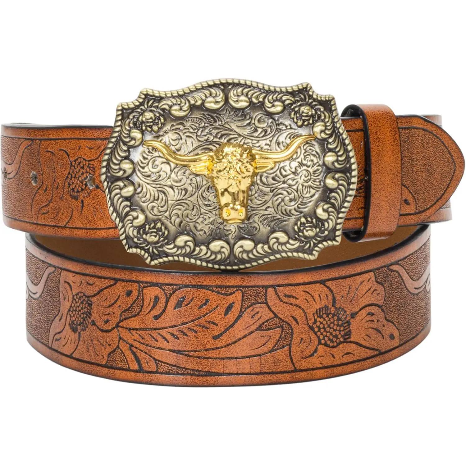 Western Cowboy Belts for Men - Leather Belt with Embossed Longhorn Bull Buckle, Jeans-Fit, 25"-38" Waist