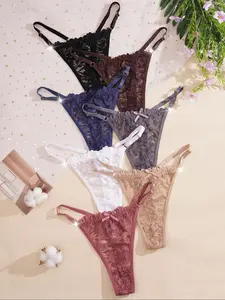 Spring Women's Thong Set, Floral Lace, Bow Decor, Adjustable Waistband, Valentine's Day Gift, Sexy Ruffle Underwear, Slim, Comfortable Fashion