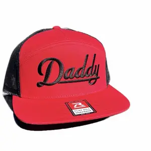 Flat Bill Snapback Daddy Trucker Hat - Red & Black Mesh Cap with Embroidered Script Design