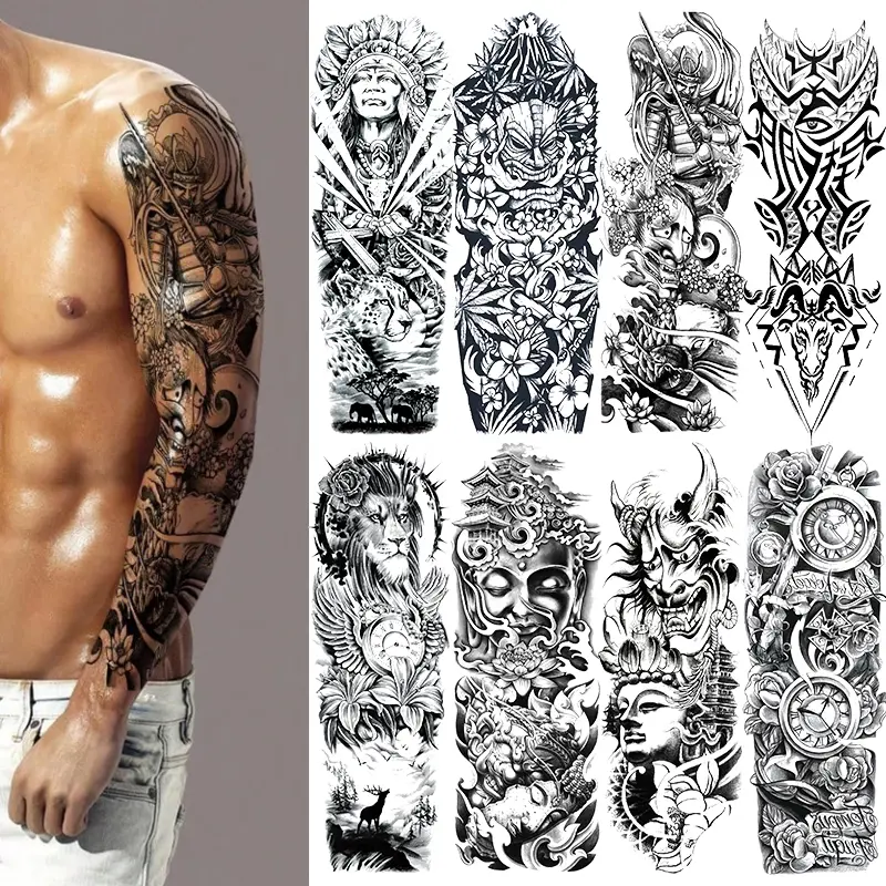 8 Sheets Full Arm Temporary Tattoo Stickers, Tribal Totem Military Skull Lion Design, Waterproof Long-Lasting Realistic Fake Tattoos, Ephemeral Tattoos, Temporary Tattoo Kit, Body Fake Tattoos
