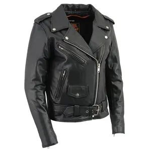 Women’s Black Leather Motorcycle Jacket – Vintage Biker Style with Side Laces