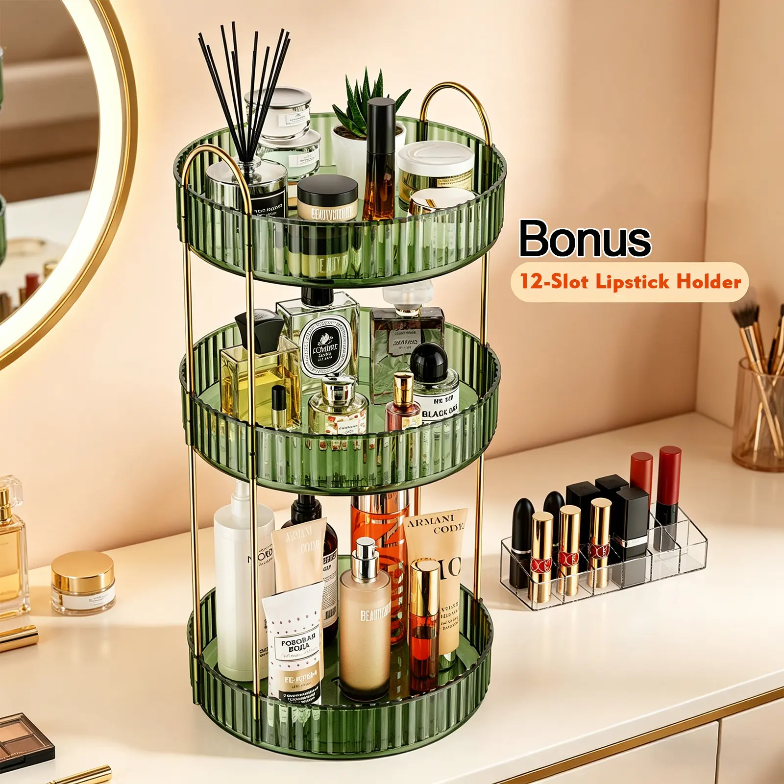 Apraly 3-Layer Round 360° Rotating Cosmetic Makeup Organizer - Durable Vanity Organization Space Saver with 12-Slot Lipstick Holder Racks & Lazy Susan Tray, Bathroom Home Storage Holder