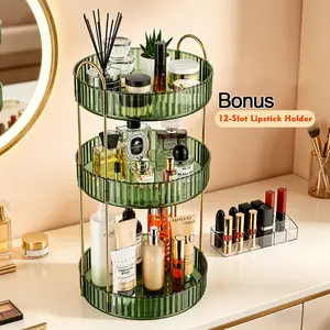 Apraly 360° Rotating Makeup Organizer - Large Capacity Cosmetic & Skincare Storage with 12-Slot Lipstick Holder Racks, Lazy Susan Tray