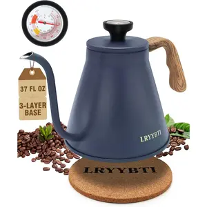 Gooseneck Stovetop Kettle with Thermometer Durable 3-Layer Base 37 fl oz Blue Pour Over Stainless Steel Tea Kettle Compatible with All Stove Tops