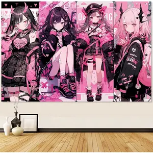 Anime Tapestry-Anime Girl Wall Hanging-Japanese Anime Backdrop-Anime Party Decorations-Kawaii Aestheticism Anime Room Decor for Bedroom 60x40 In,Pink