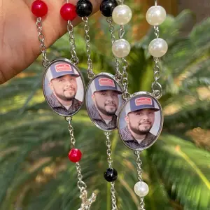 Custom Photo Rosary Rear View Mirror Hanger - Memory Ornament Decoration Car Interior Accessory