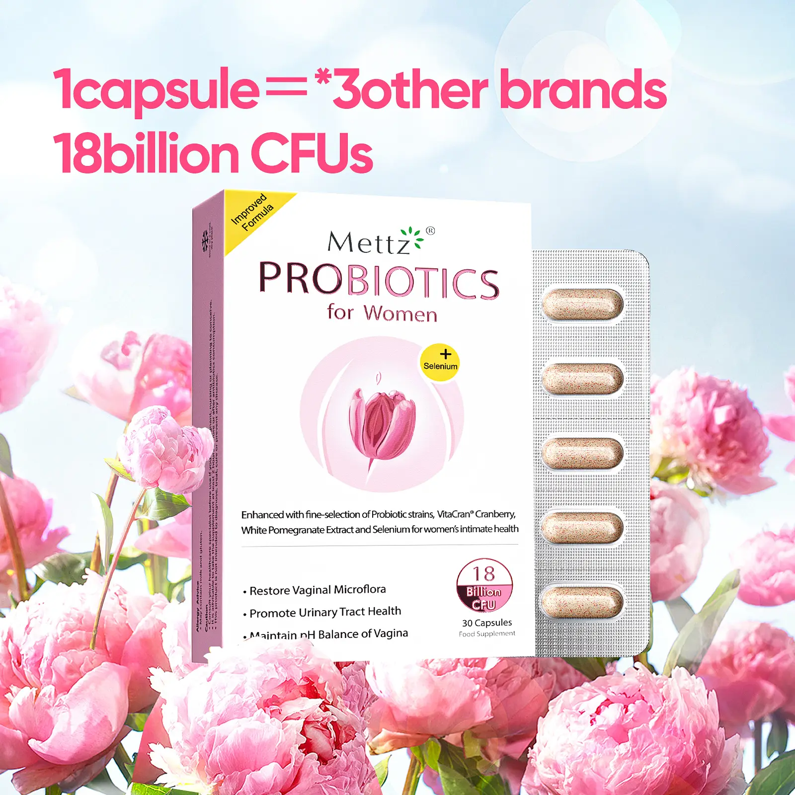 Mettz Women's Probiotics - 18Billion for Women pH Balance, UTI, Odor, Discharge,...