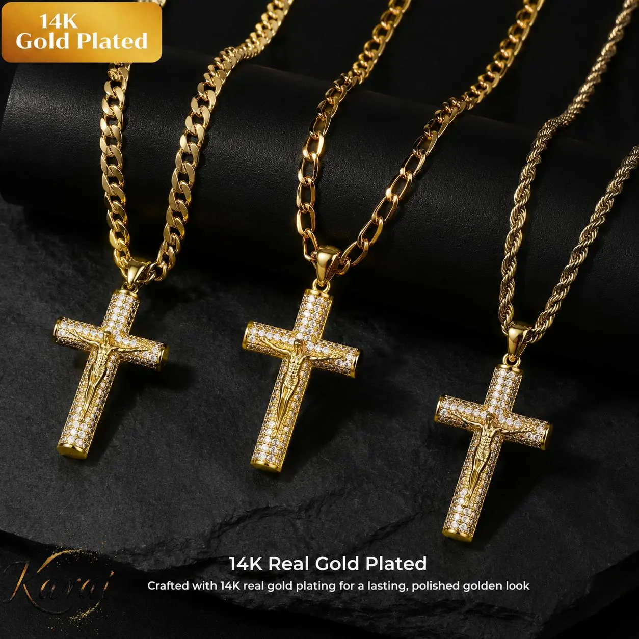 14K Gold-Plated Cross Necklace, Available in 3 Chain Styles, Christian Religious Jewelry Gift for Men Women