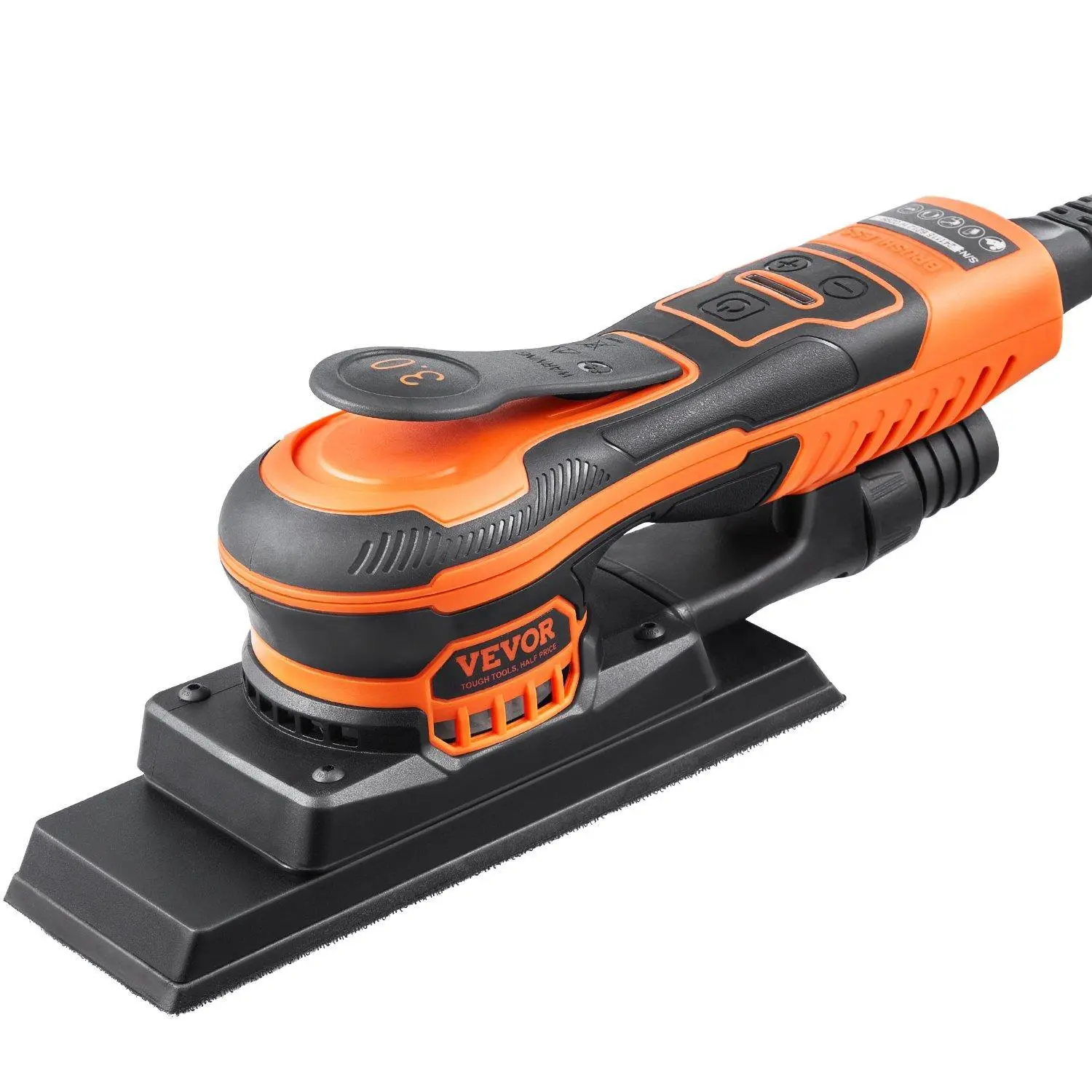 VEVOR 3/8 Sheet Sander, 350W Powerful Brushless Motor Finishing Sander with 6 Variable Speeds, Paddle Switch, Vacuum Port for Woodworking, 6Speed Control