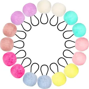 X-HDW23   16 Pieces Pom Pom Hair Ties Elastic Fur Ball Hair Scrunchy Band Fluffy Ponytail Holders Accessories for Women Gilrl