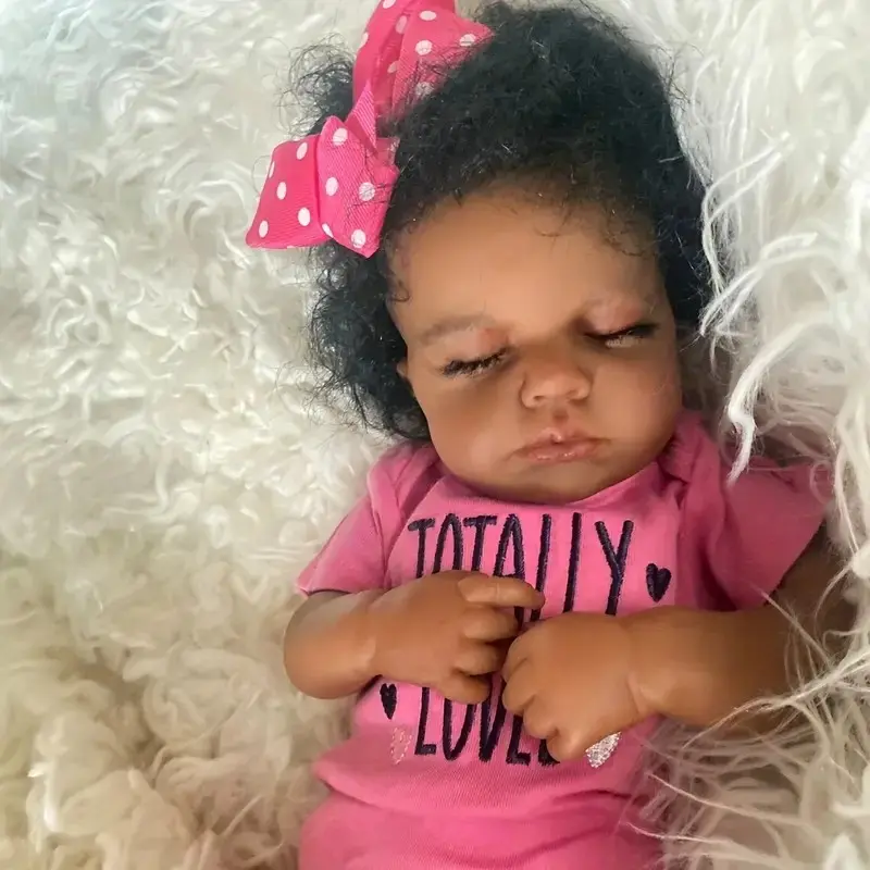 19"/49cm Real Mini Size Newborn Baby Doll with Curly Roots Deep Brown Skin Soft Touch Handmade Doll Halloween Thanksgiving Christmas Gift