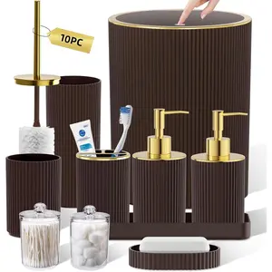 Brown Bathroom Accessories Set, 10PC Bathroom Set, Bath Accessory with Pop Up Trash Can, Soap Dispenser, Toilet Brush, Toothbrush Set Qtip Holders & Tray