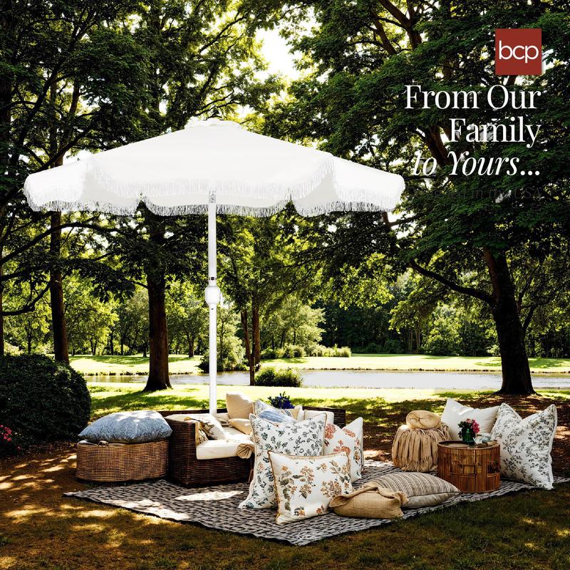 Best Choice 9ft Fringe Market Umbrella – Boho Patio Sunshade w/ Tilt, UPF50+, Steel Pole for Table, Pool, Deck