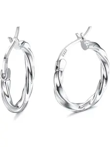 925 Sterling Silver Hoop Earrings for Women 18K White Gold Plated Twisted Hoop Earrings Hypoallergenic Lightweight Click-Top Big Hoop Earrings 13/15/20/25/30/40/50/60mm