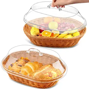 Wicker Bread Basket with Acrylic Lid for Food Display, Imitation Rattan Oval Fruit Basket with Cover for Vegetables & Breads