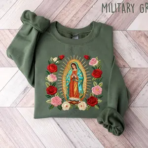 Faux Embroidered Look Our Lady Of Guadalupe Sweatshirt, Virgen De Guadalupe Catholic Sweater, Faith Based Religious Shirt, Blessed Mother Mary Tee Gift
