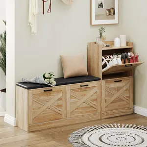 Wooden Narrow Shoe Bench – 4 Flip Drawers, Padded Seat – Hidden Storage Organizer for Hallway, Entryway, Living Room