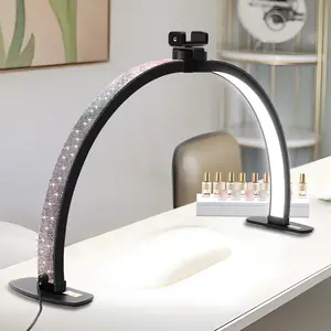 Half Moon Light for Nail Desk with Phone Holder, 28IN Folding Half-moon Lamp with Shinning Diamond, Arch Nail Tech Light with 3 Color Modes & 10 Brightness,For Manicure, Eyelash Extension, Tattooing, Skin Management, Color Temperature 3000-6500K Vanity Mi