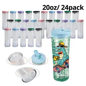 6 Colors Mixed Classic 24-Pack 20oz Reusable Double-Wall Sealed Airtight Plastic Snow Globe Tumbler Water Bottles, Flip-Top Lid with Straw, Washable Portable Cups, Pre-Drilled Hole with Silicone Plug for DIY, Festive Gifts